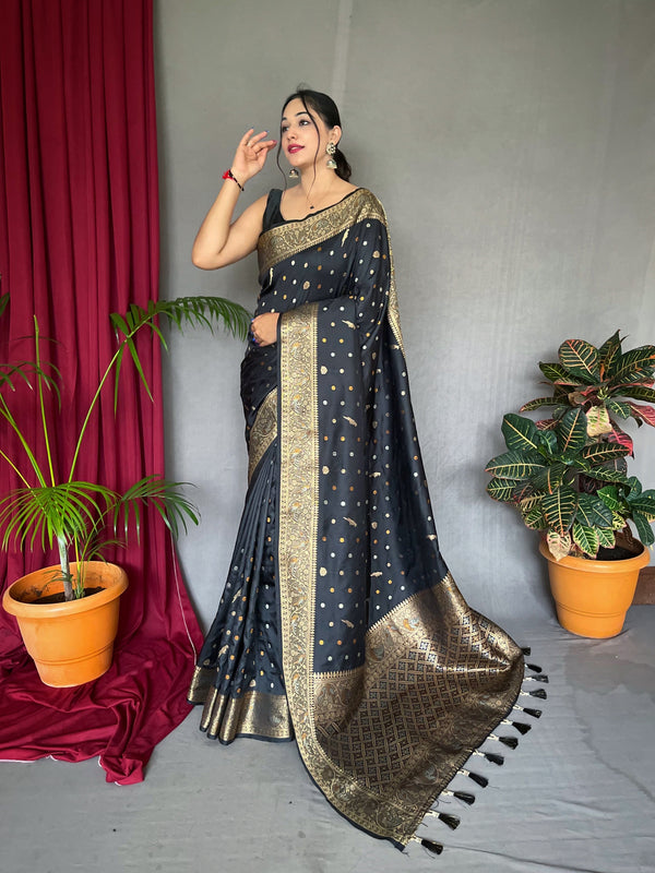 Women's Banarasi Silk Multi Color Zari Woven Saree Black - TASARIKA