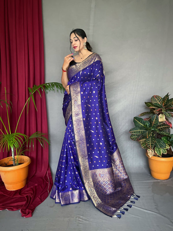 Women's Banarasi Silk Multi Color Zari Woven Saree Violet Blue - TASARIKA