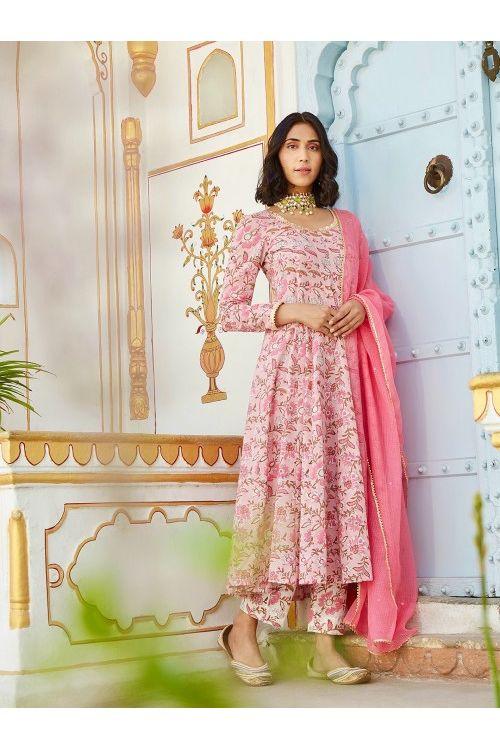 Pink White Floral Anarkali Set - Indiakreations