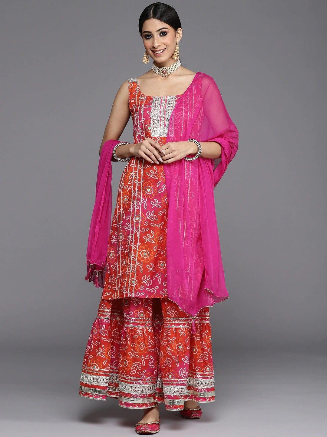 KSUT Women Orange Pink Ethnic Printed Pure Cotton Kurta with Sharara With Dupatta - Indiakreations