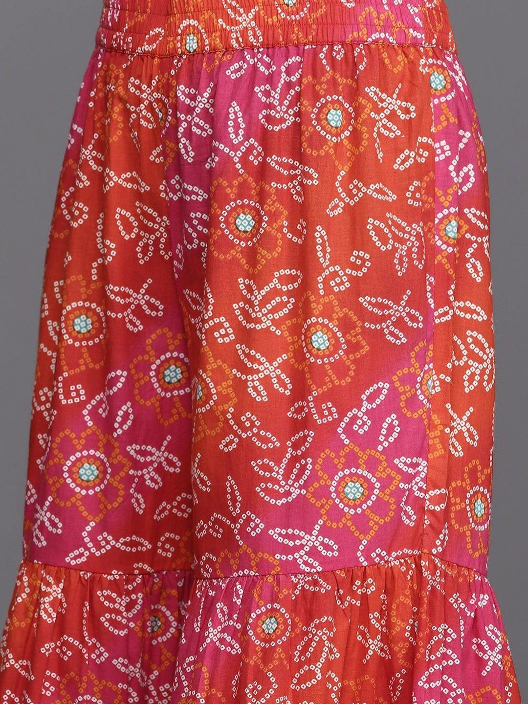 KSUT Women Orange Pink Ethnic Printed Pure Cotton Kurta with Sharara With Dupatta - Indiakreations