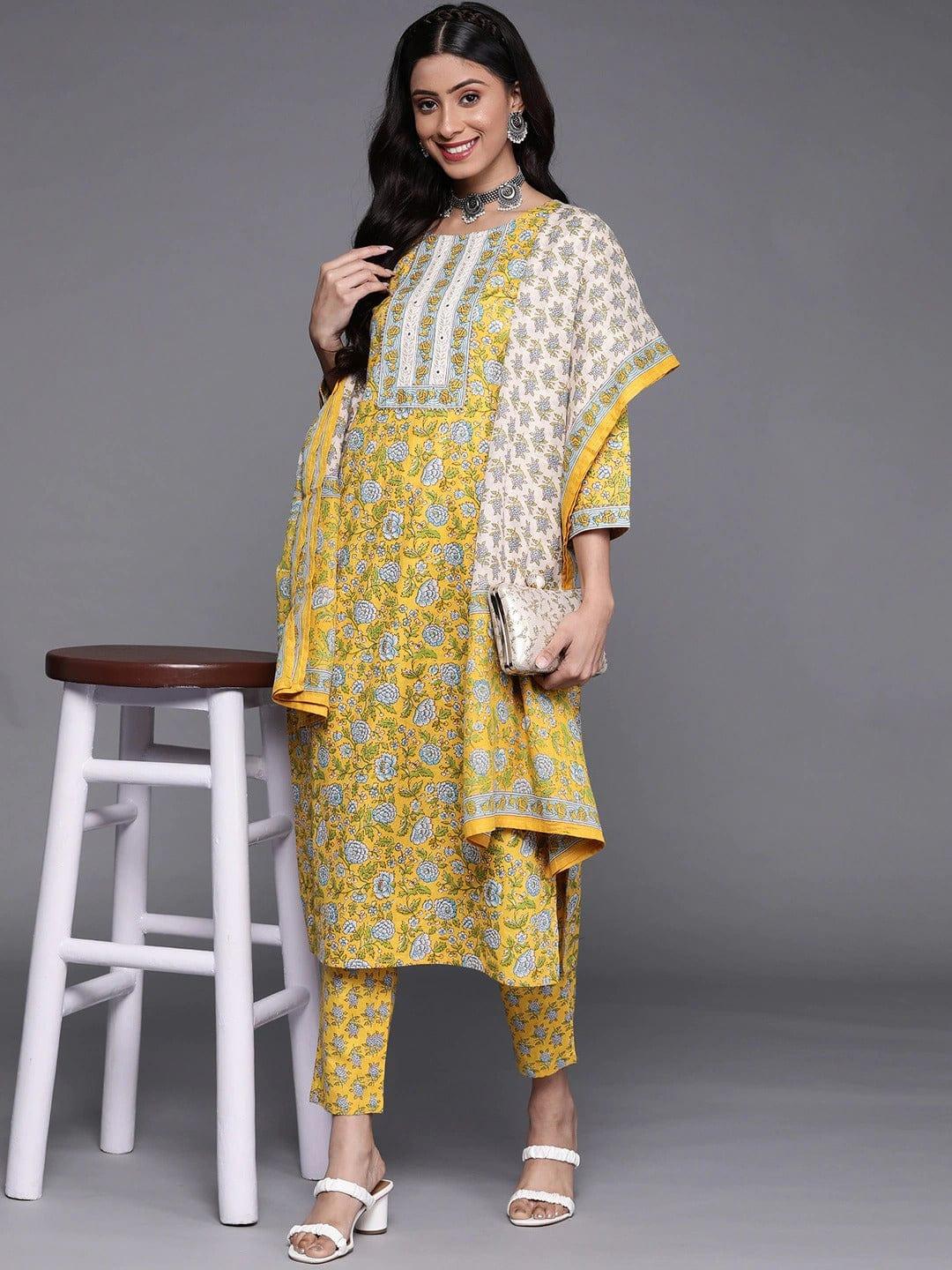 Varanga Women Yellow Floral Printed Pure Cotton Kurta with Trousers With Dupatta - Indiakreations