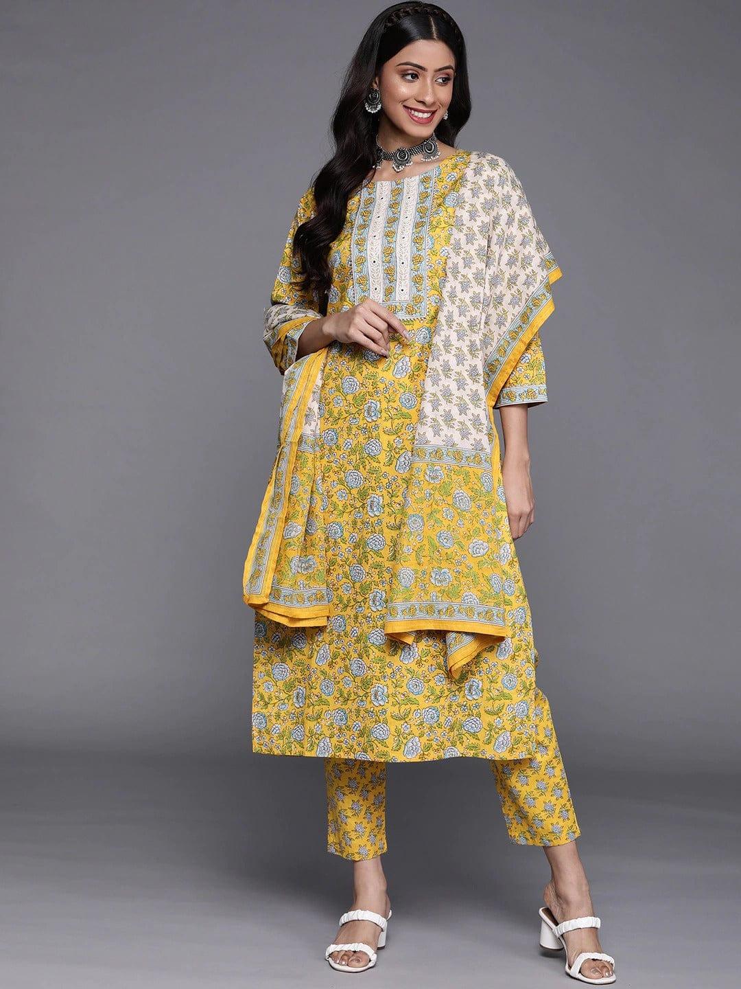 Varanga Women Yellow Floral Printed Pure Cotton Kurta with Trousers With Dupatta - Indiakreations