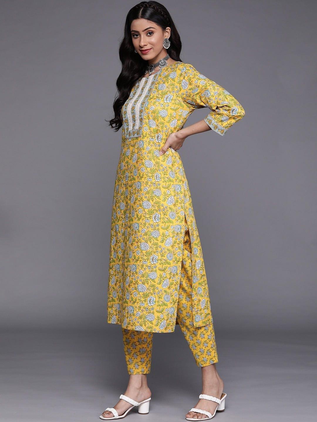 Varanga Women Yellow Floral Printed Pure Cotton Kurta with Trousers With Dupatta - Indiakreations