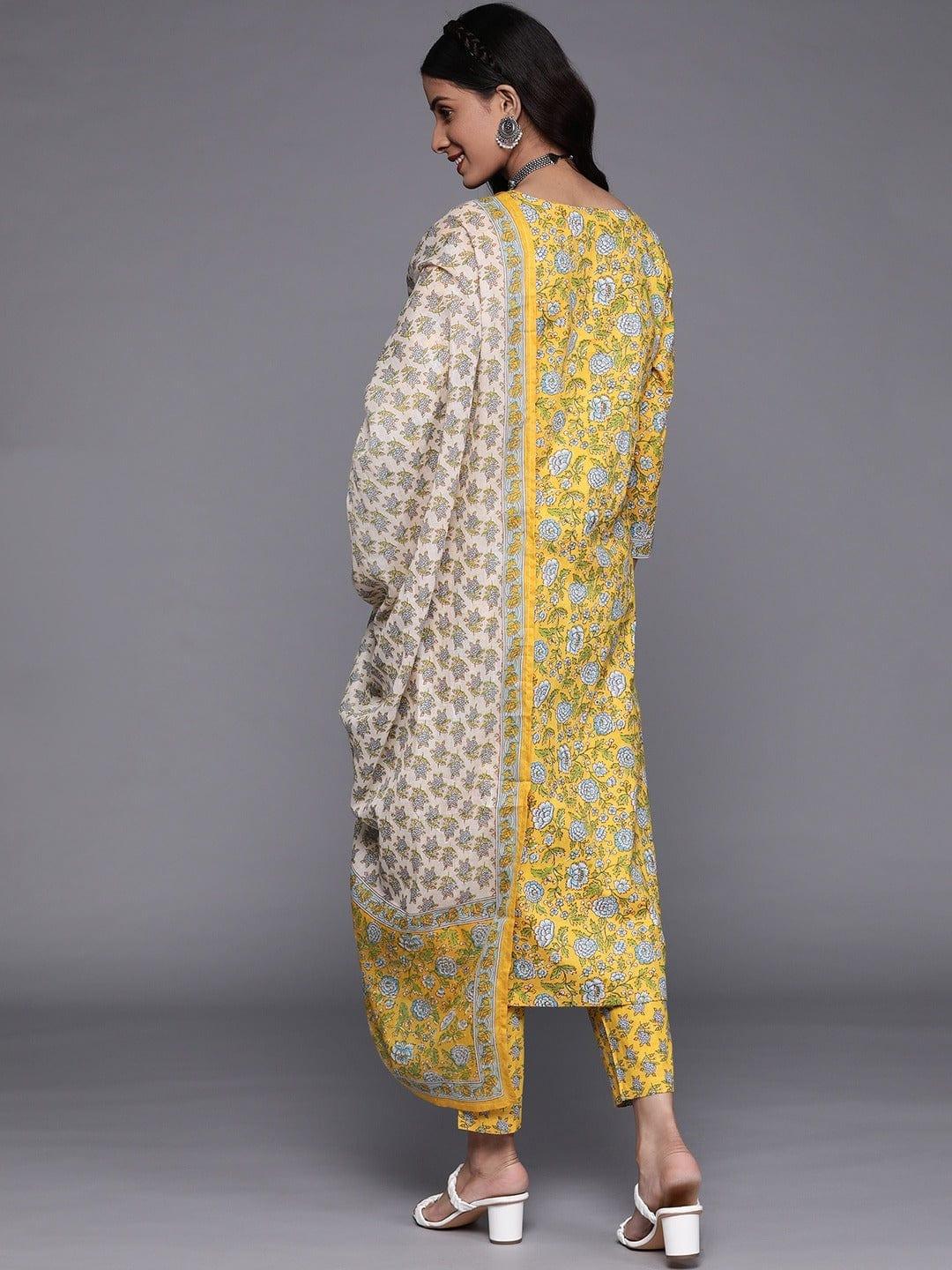 Varanga Women Yellow Floral Printed Pure Cotton Kurta with Trousers With Dupatta - Indiakreations