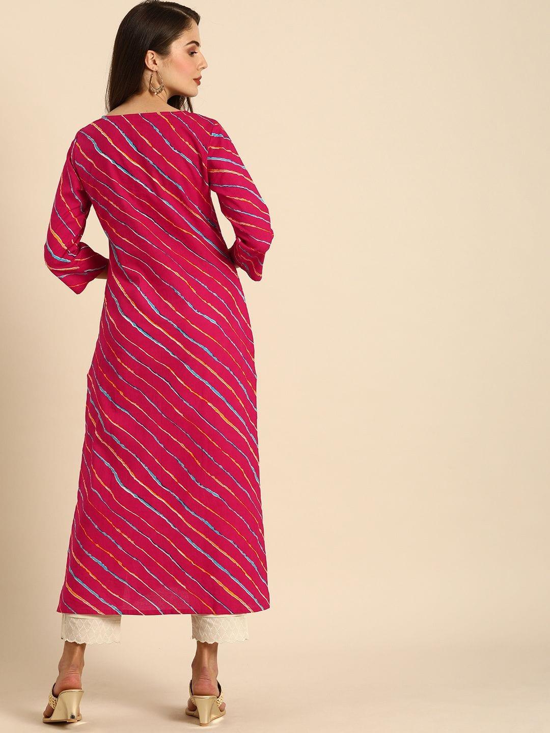 Fuchsia Pink & Yellow Leheriya Printed Kurta - Indiakreations