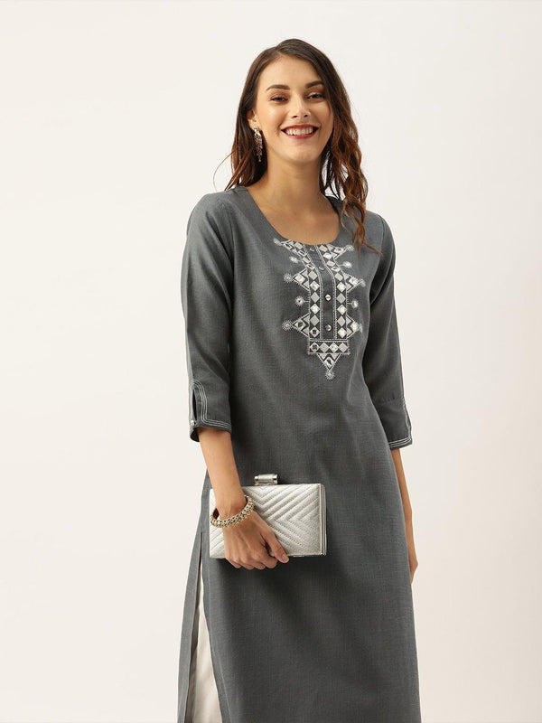 Women Grey Yoke Design Mirror Work Straight Kurta - Indiakreations