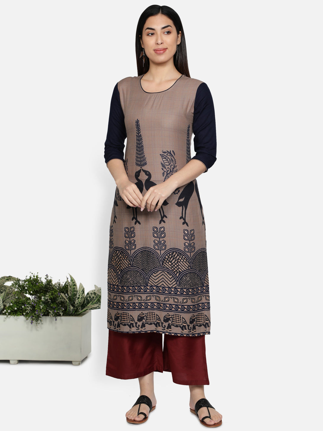 Women's Navy Color Rayon Blend Straight Foil Printed Kurta - Vaaba