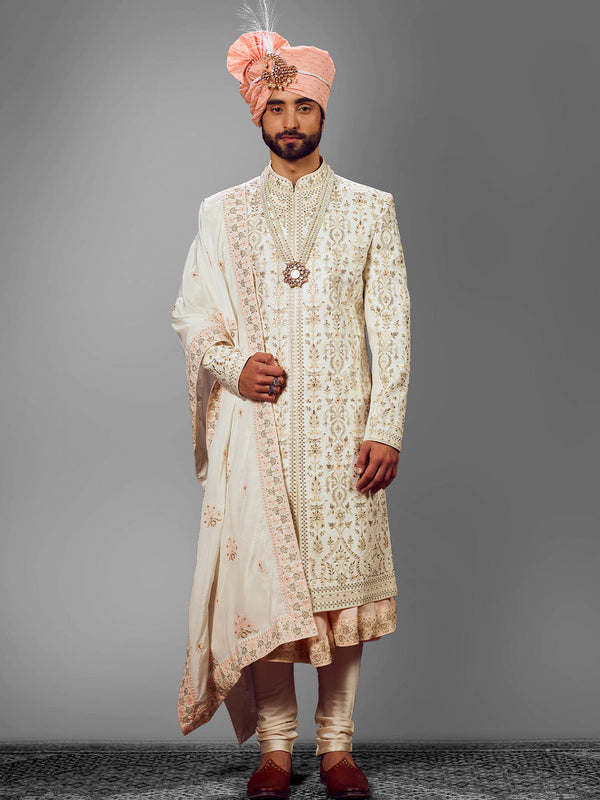 Designer Cream Silk Sherwani With Mirror-Work All Over