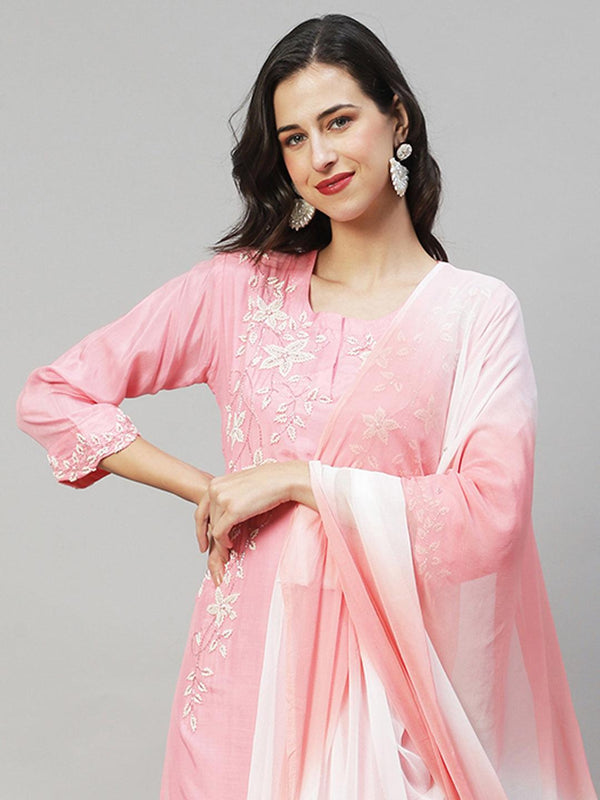 Solid Floral Hand Embroidered Kurta with Dress & Dupatta - Pink - Indiakreations