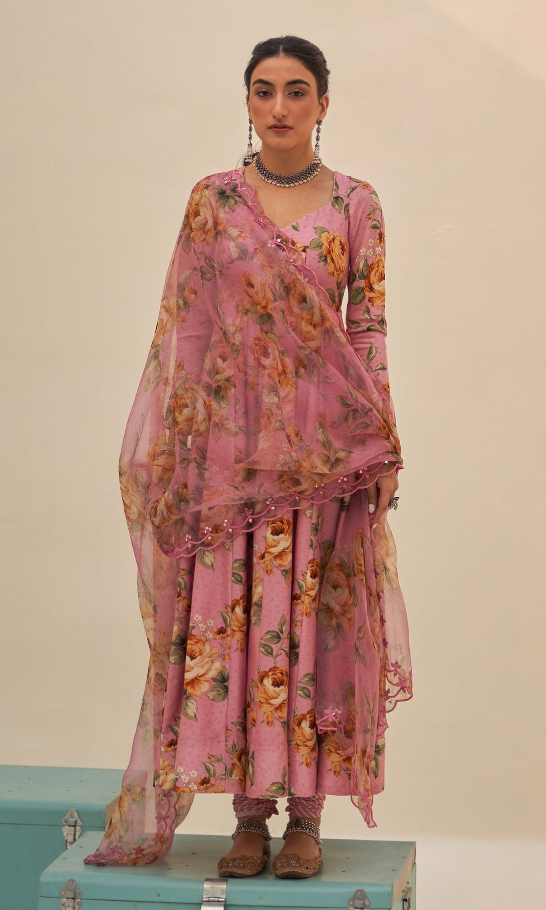 Noor-E-Bagh - Pink Floral Printed Anarkali Set - Set Of 3 RTS - Indiakreations