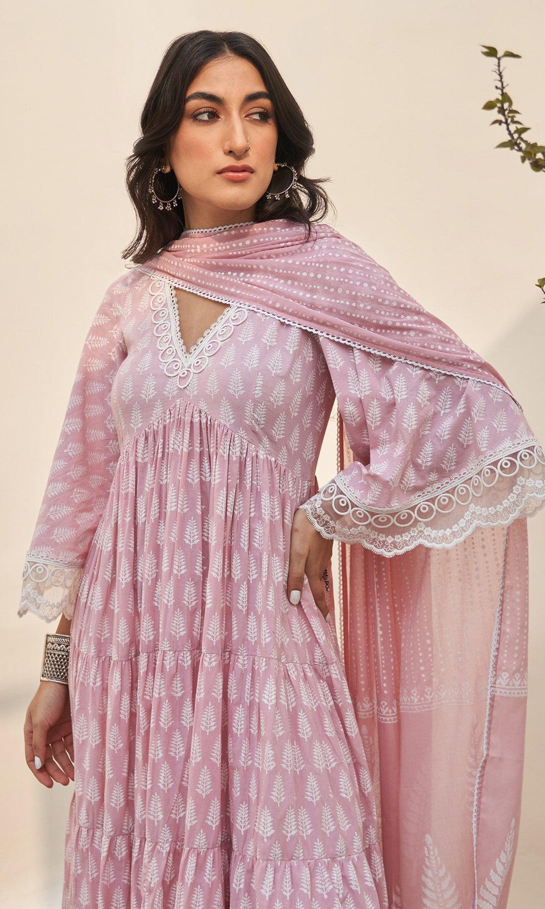 Jannat 2.0 Dusty Pink V- Neck Tiered Anarkali Set - Set Of 3 RTS - Indiakreations