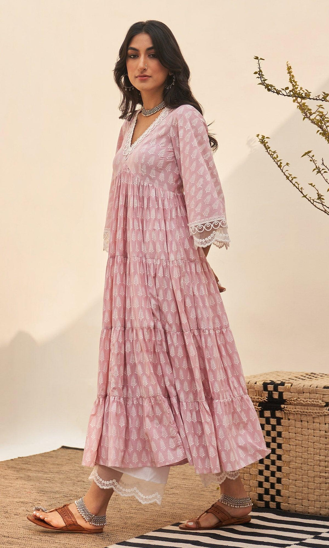 Jannat 2.0 Dusty Pink V- Neck Tiered Anarkali Set - Set Of 3 RTS - Indiakreations