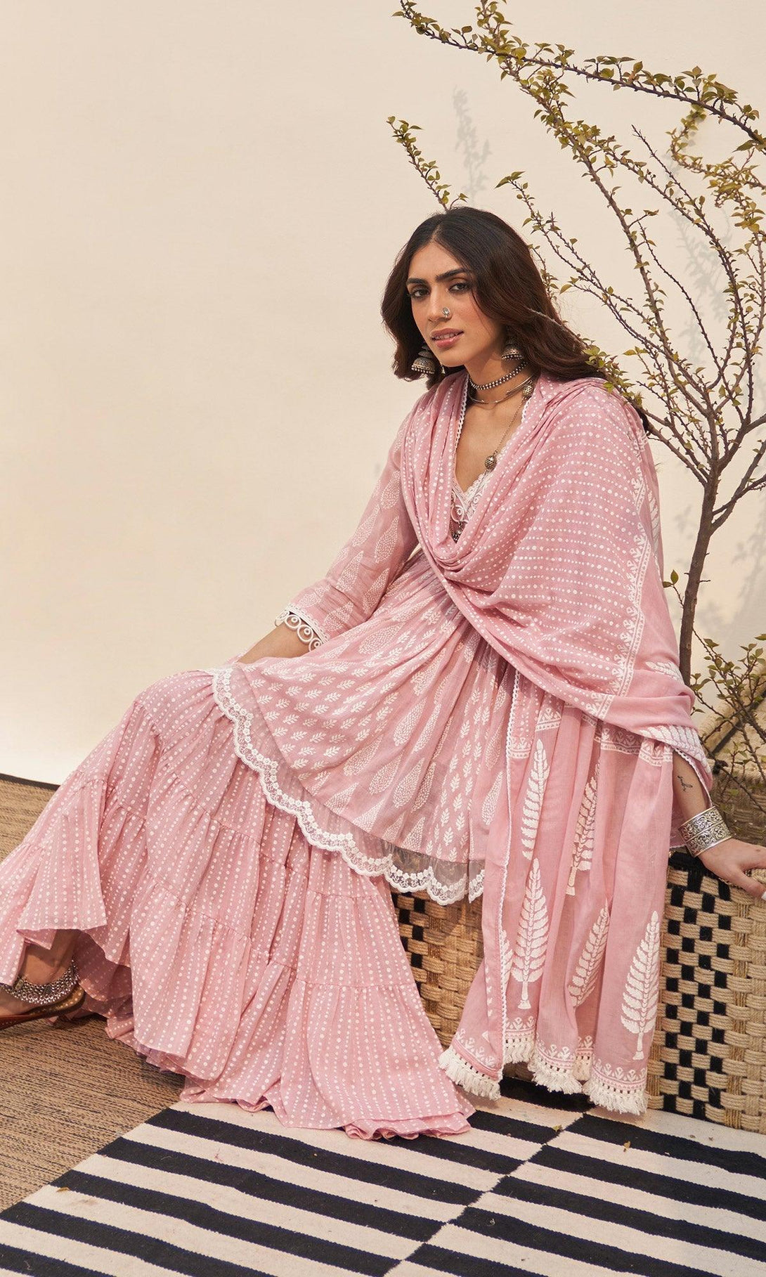 Jannat 2.0 Dusty Pink Block Printed Sharara Set - Set Of 3 RTS - Indiakreations