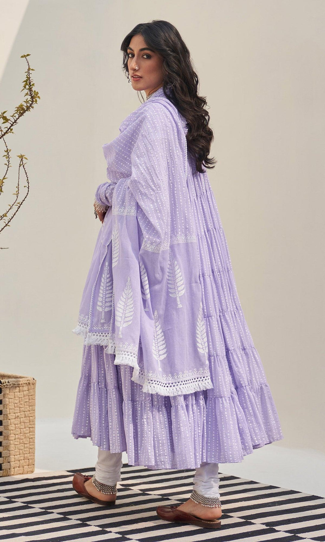 Jannat 2.0 Lilac Block Printed Tiered Anarkali Set - Set Of 3 RTS - Indiakreations