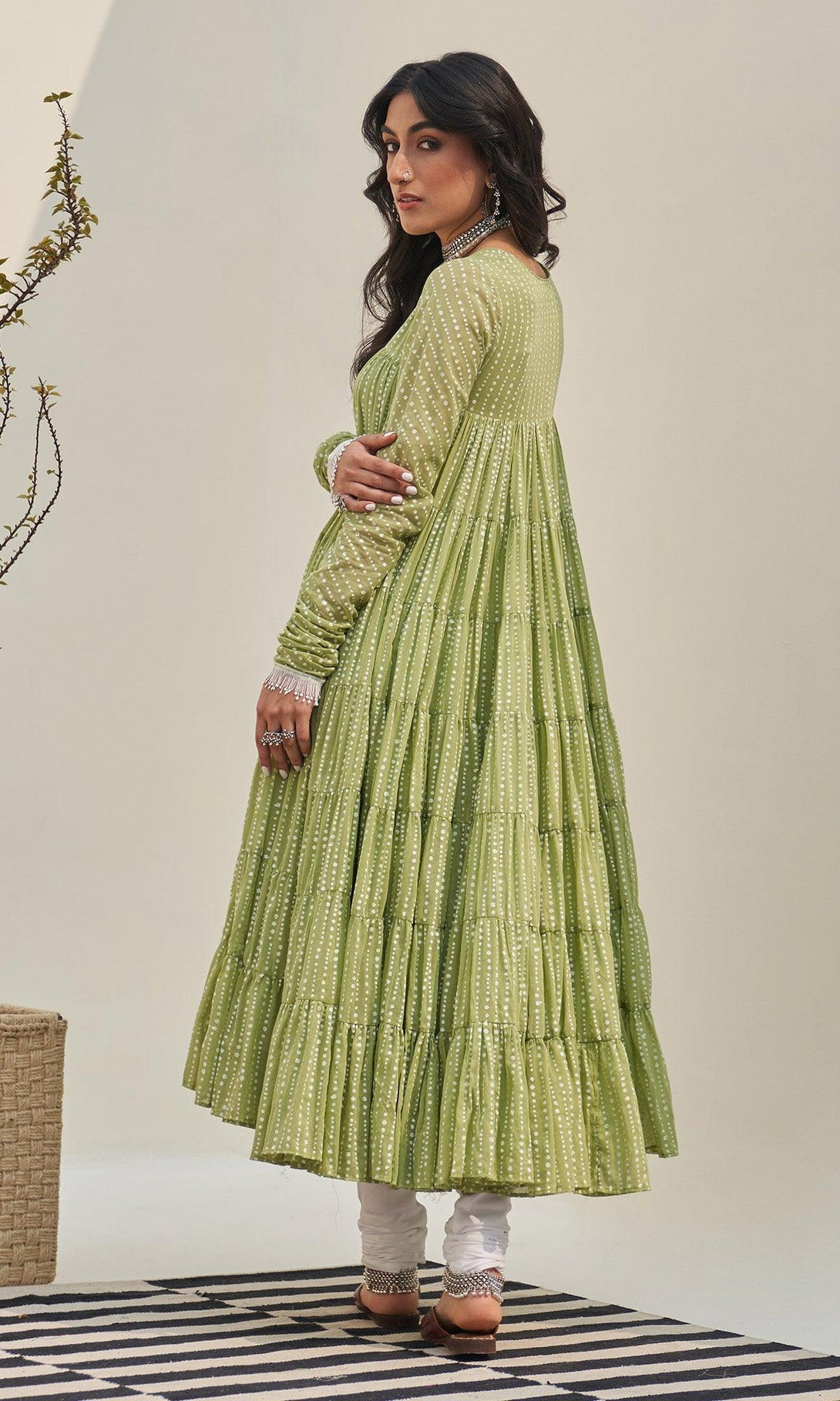 Jannat 2.0 Pista Green Block Printed Tiered Anarkali Set - Set Of 3 RTS - Indiakreations