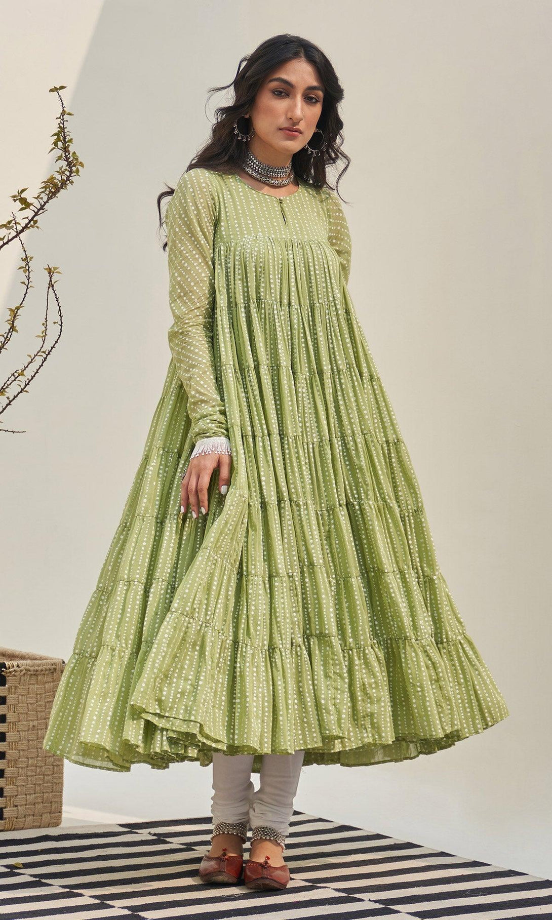 Jannat 2.0 Pista Green Block Printed Tiered Anarkali Set - Set Of 3 RTS - Indiakreations