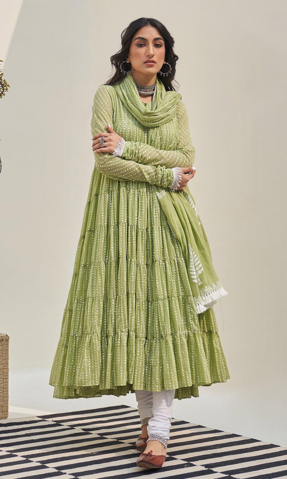 Jannat 2.0 Pista Green Block Printed Tiered Anarkali Set - Set Of 3 RTS - Indiakreations