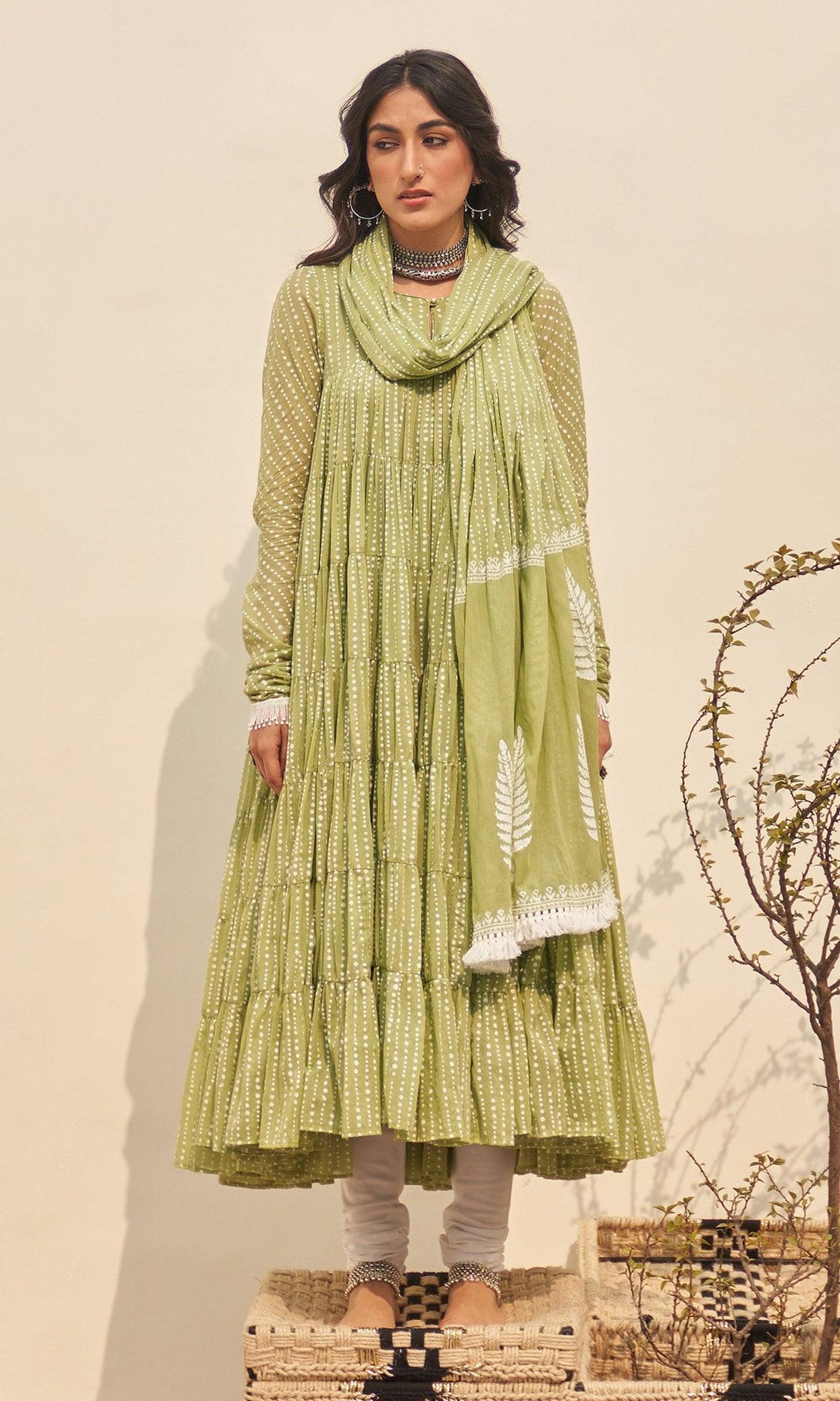 Jannat 2.0 Pista Green Block Printed Tiered Anarkali Set - Set Of 3 RTS - Indiakreations