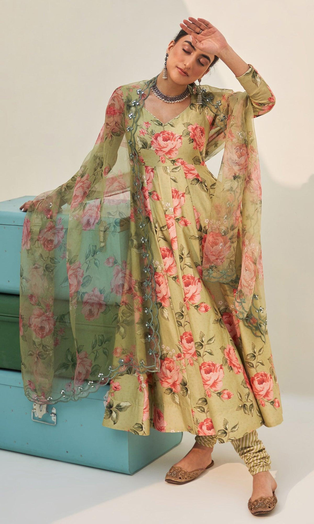 Noor-E-Bagh - Green Floral Printed Anarkali Set - Set Of 3 RTS - Indiakreations