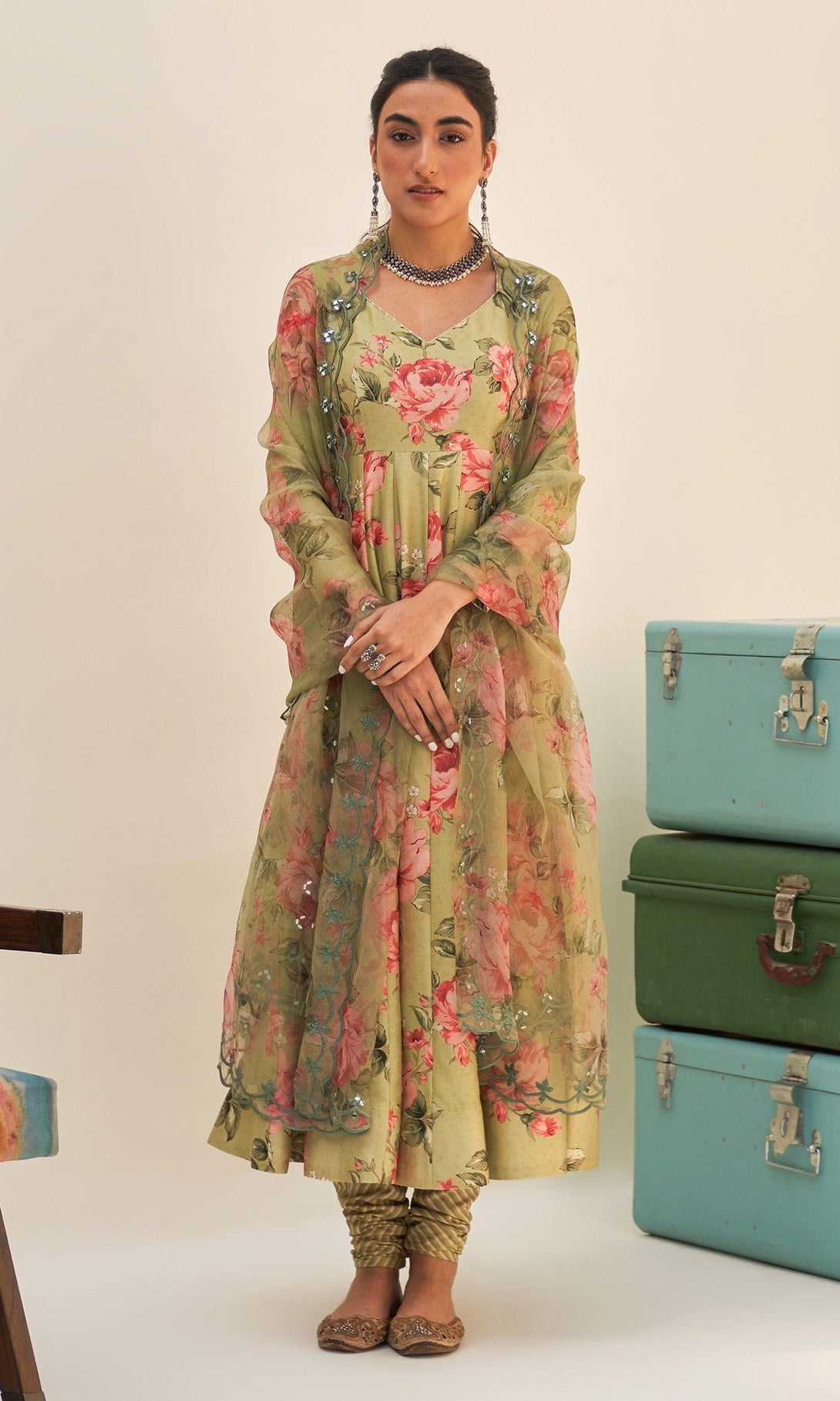 Noor-E-Bagh - Green Floral Printed Anarkali Set - Set Of 3 RTS - Indiakreations