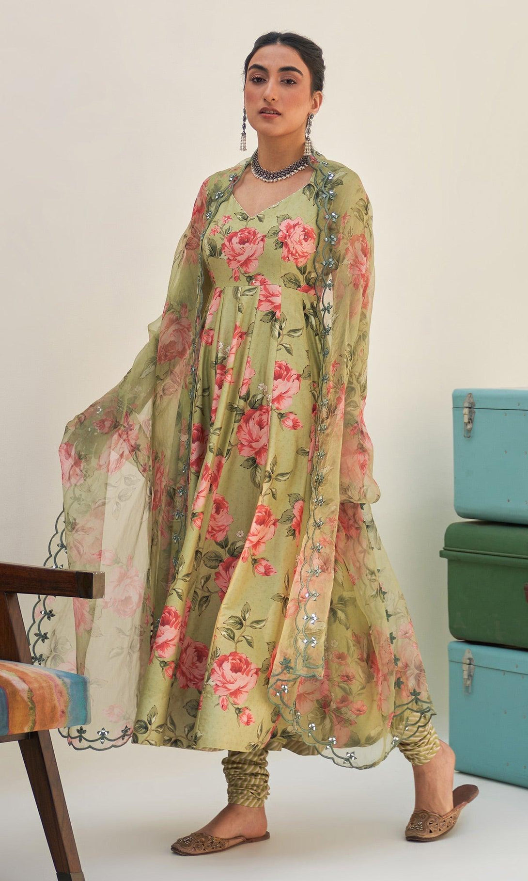 Noor-E-Bagh - Green Floral Printed Anarkali Set - Set Of 3 RTS - Indiakreations