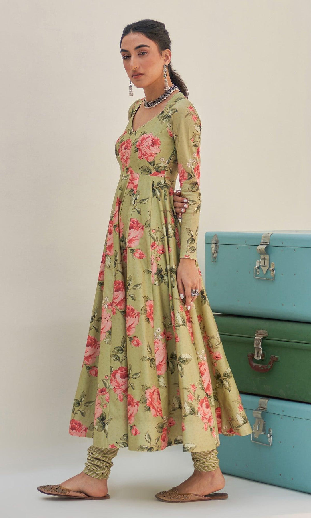 Noor-E-Bagh - Green Floral Printed Anarkali Set - Set Of 3 RTS - Indiakreations