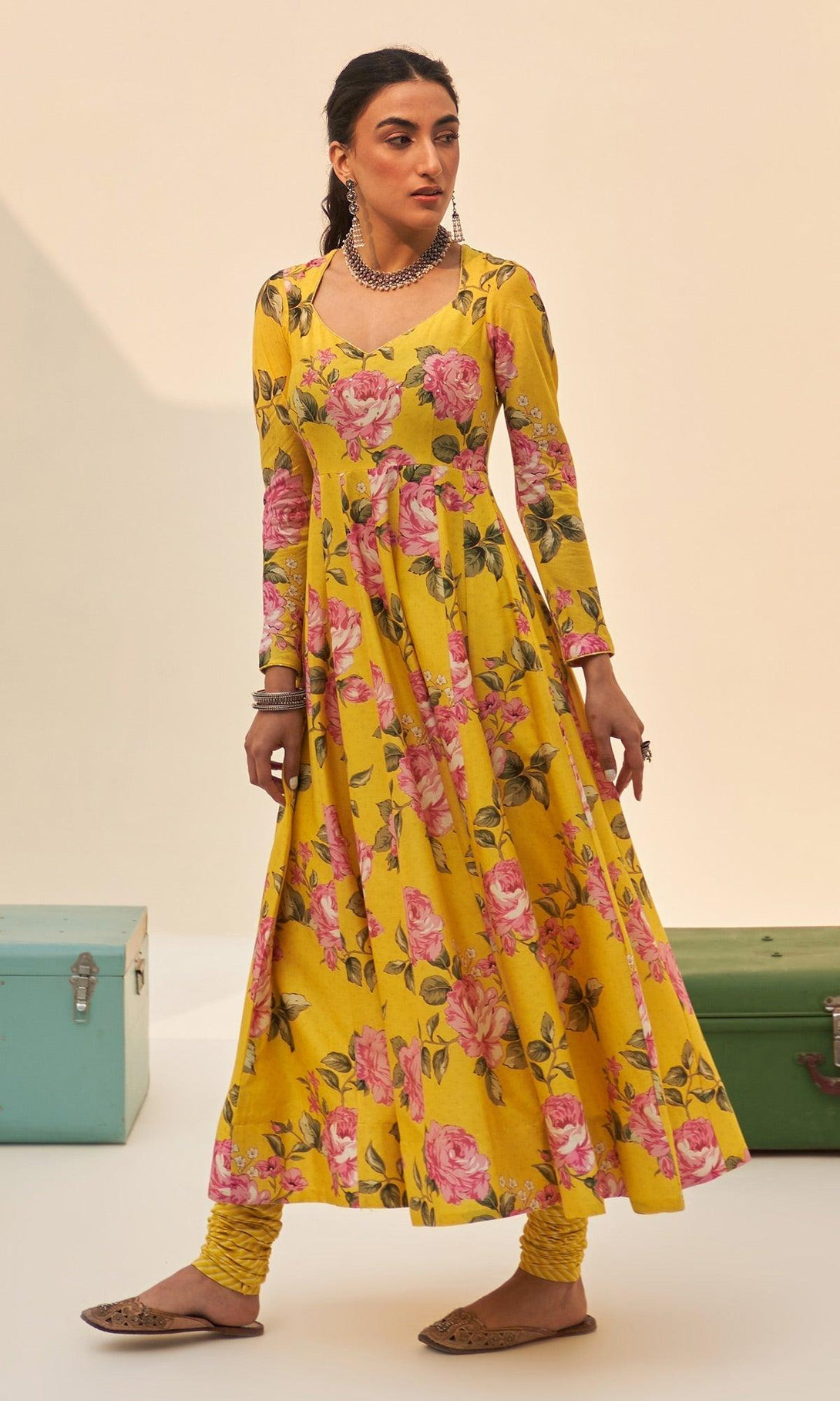 Noor-E-Bagh - Yellow Floral Printed Anarkali Set - Set Of 3 RTS - Indiakreations