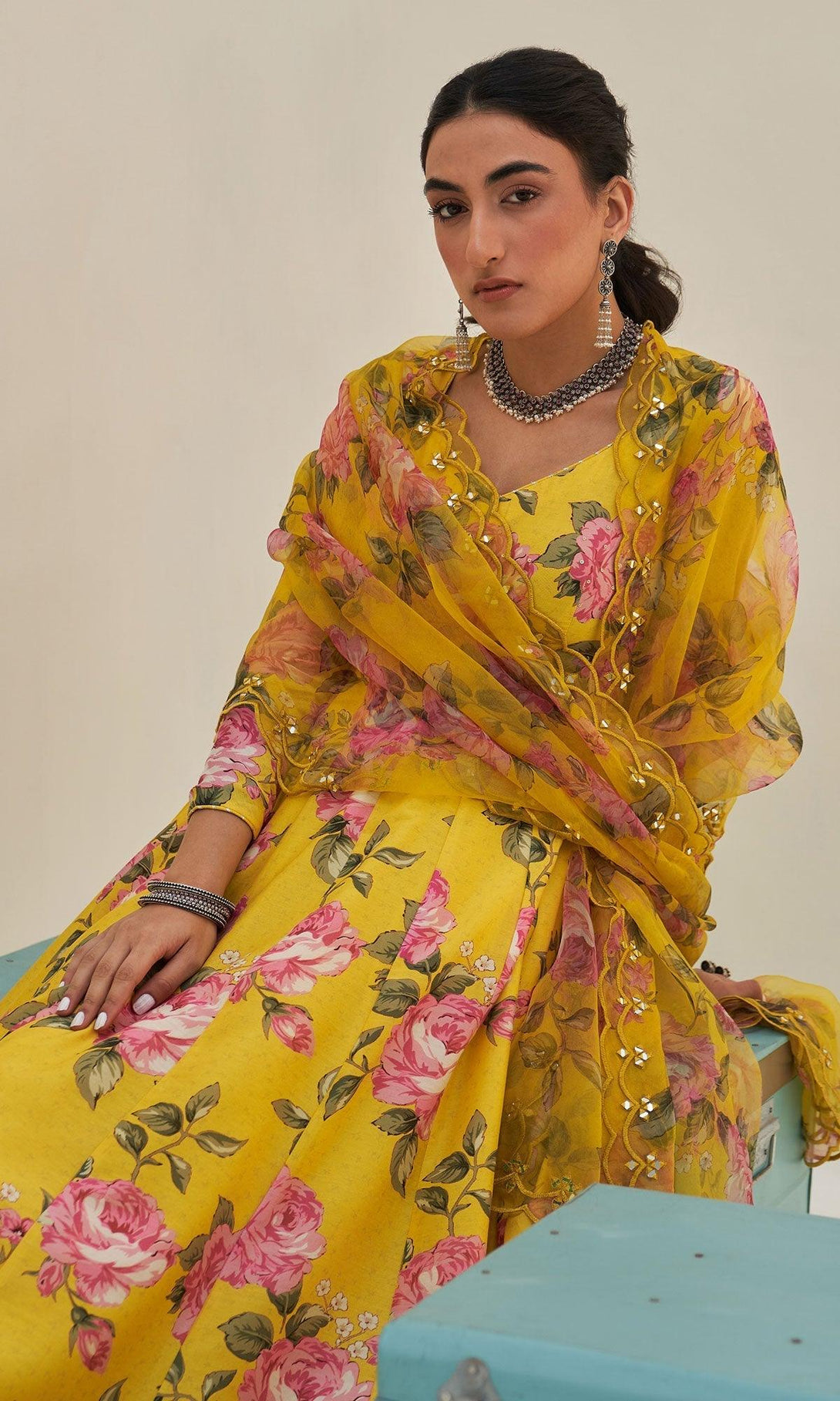 Noor-E-Bagh - Yellow Floral Printed Anarkali Set - Set Of 3 RTS - Indiakreations