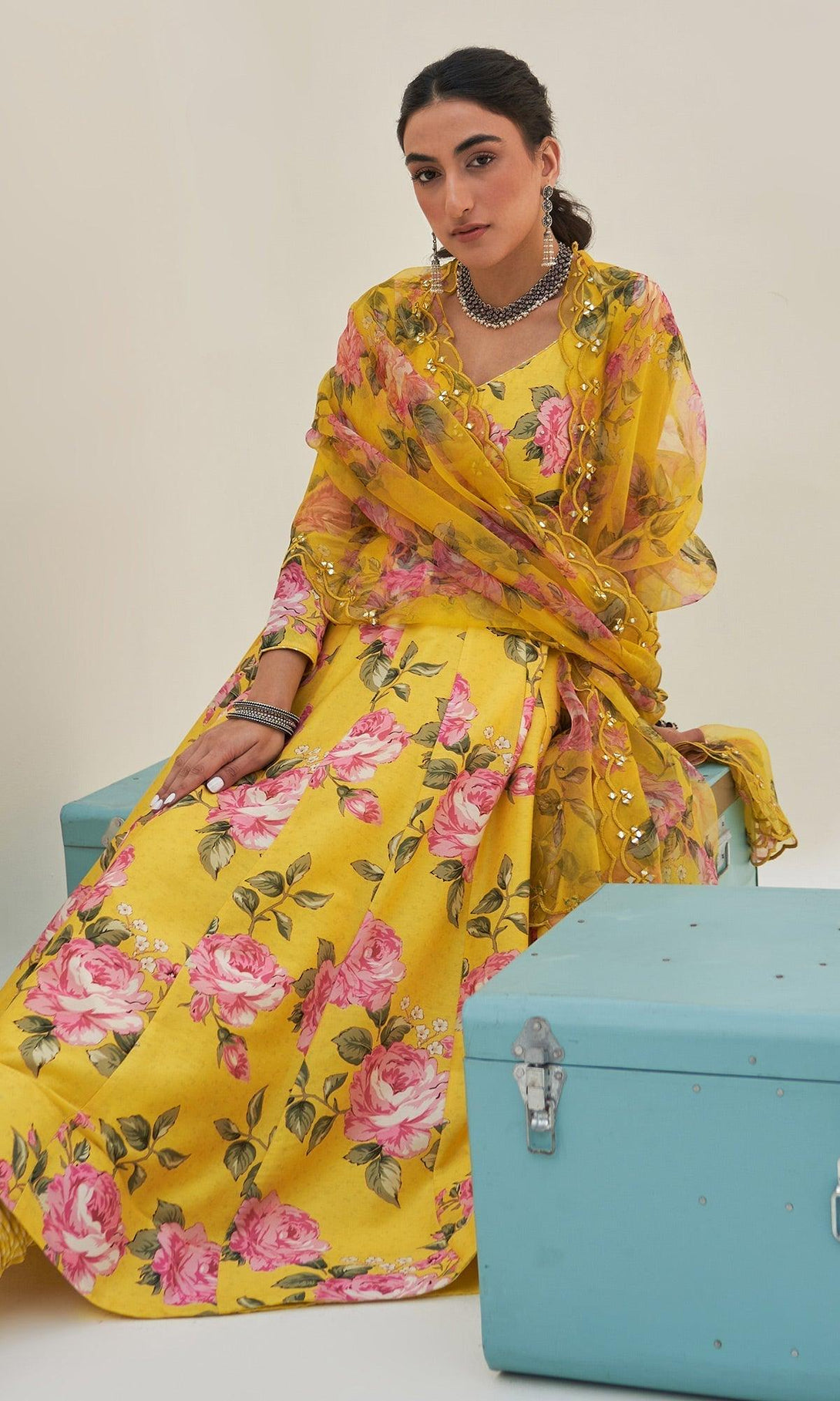 Noor-E-Bagh - Yellow Floral Printed Anarkali Set - Set Of 3 RTS - Indiakreations