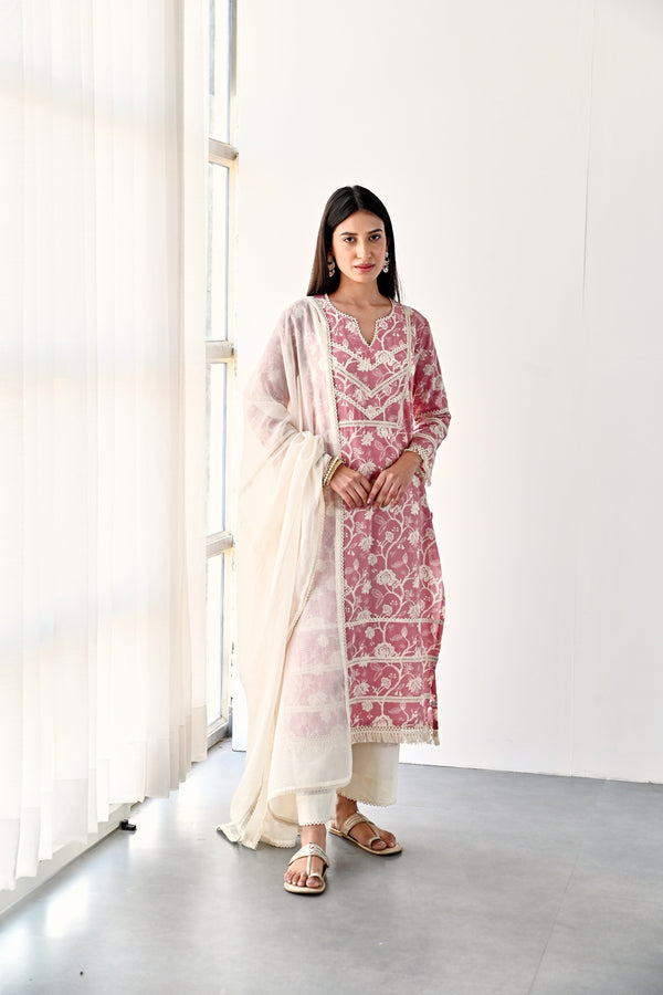 Pink Lace Kurta Set With Off-White Pants