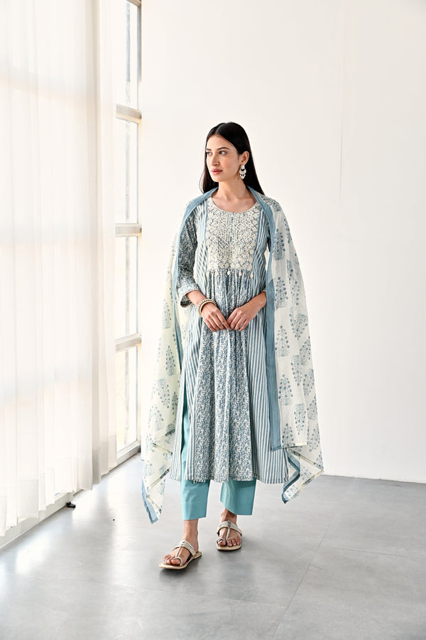 Blue Gathered Kurta with Printed Dupatta