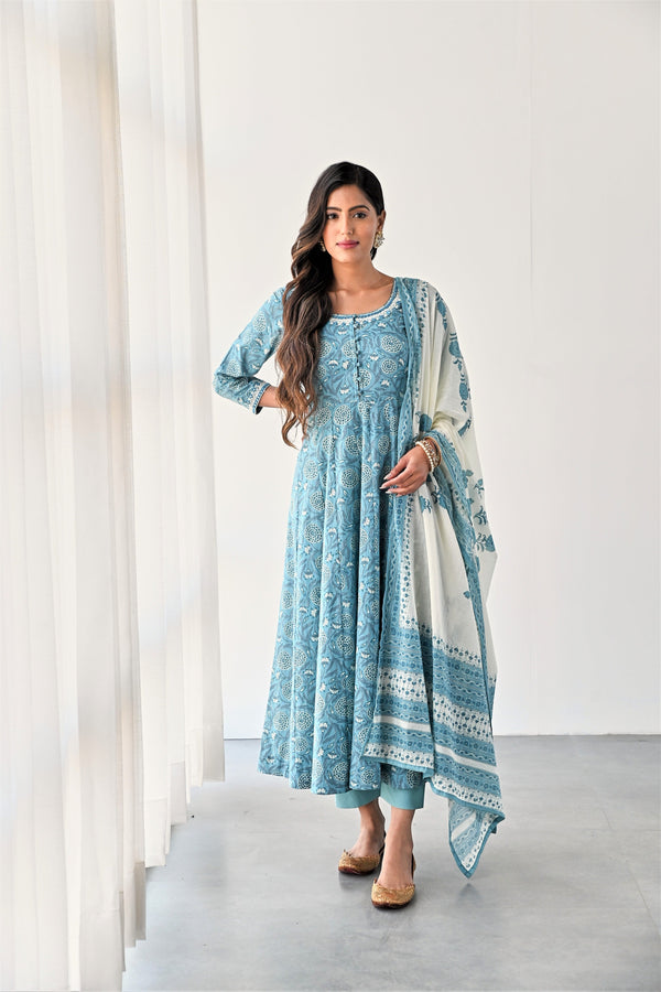 Blue Anarkali Kurta With Cotton Pants