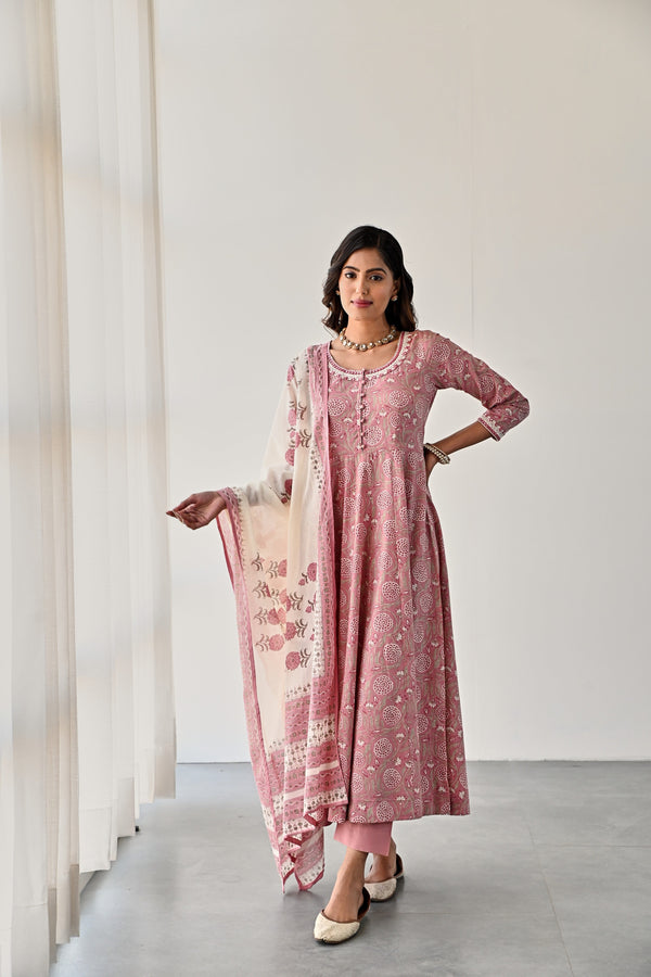 Pink Anarkali Kurta With Cotton Pants