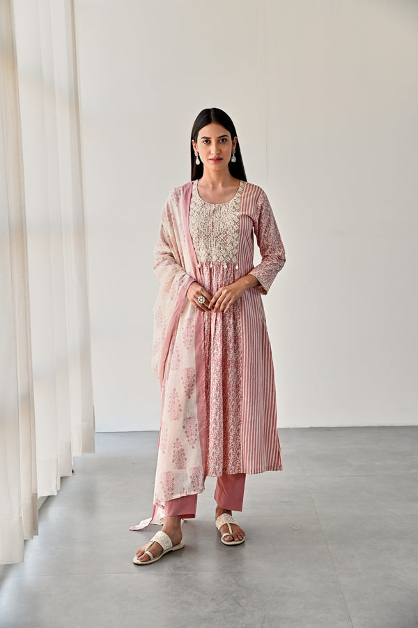 Pink Gathered Kurta with Printed Dupatta