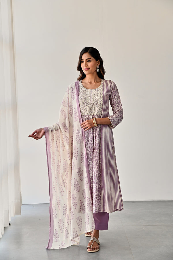 Purple Gathered Kurta with Printed Dupatta