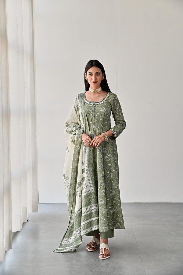 Olive Green Anarkali Kurta With Cotton Pants