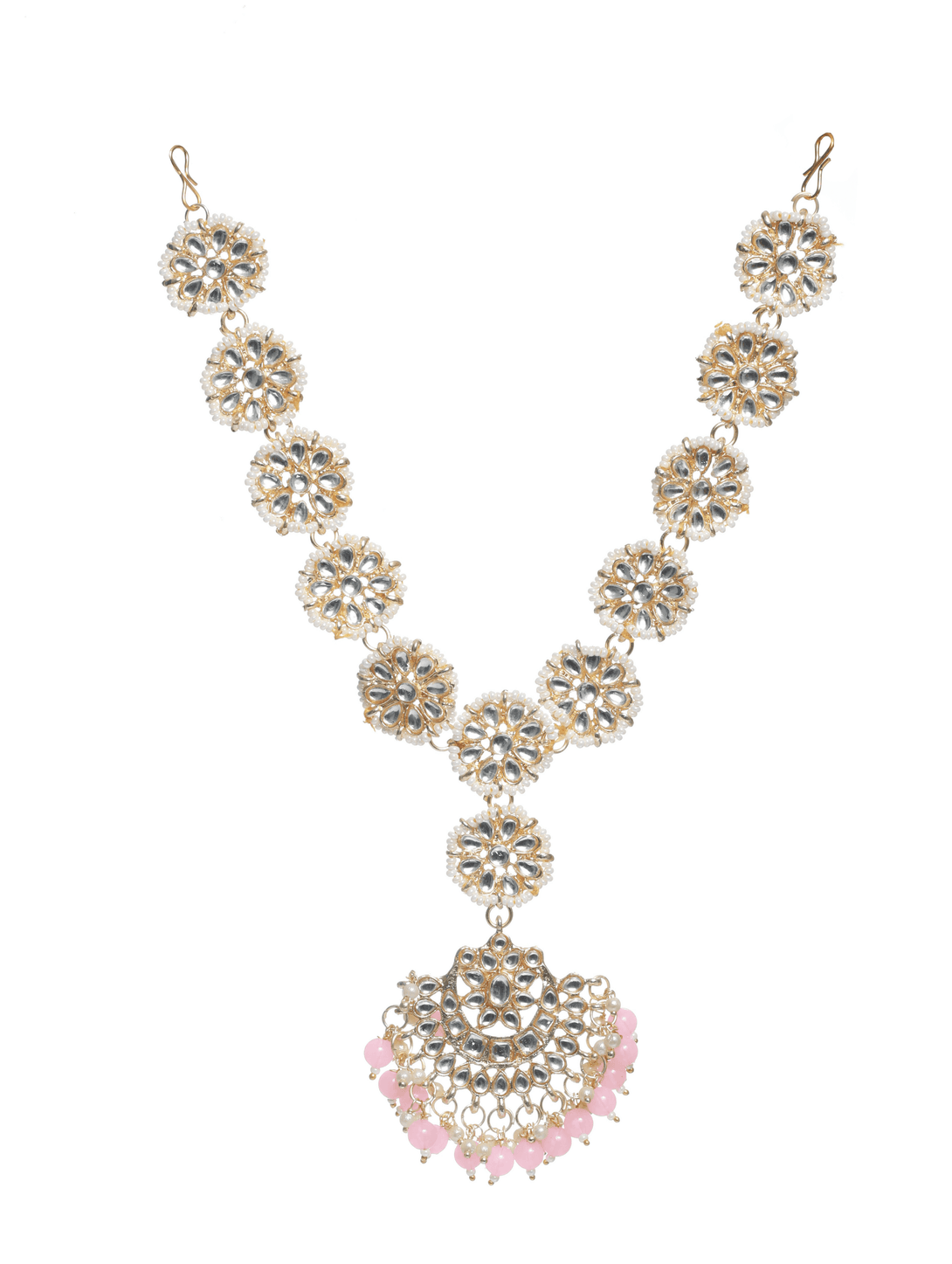 Women's Gold-Plated Pink Kundan & Pearls Handcrafted Mathapatti Bridal Head Jewellery - Jazz and Sizzle - Indiakreations