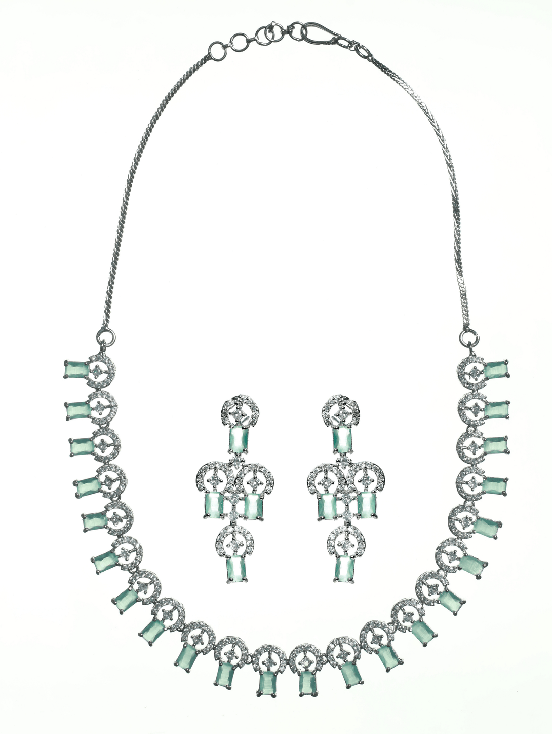 Women's Silver-Plated Cz Studded Pastel Green American Diamond Handcrafted Necklace Set - Jazz And Sizzle - Indiakreations