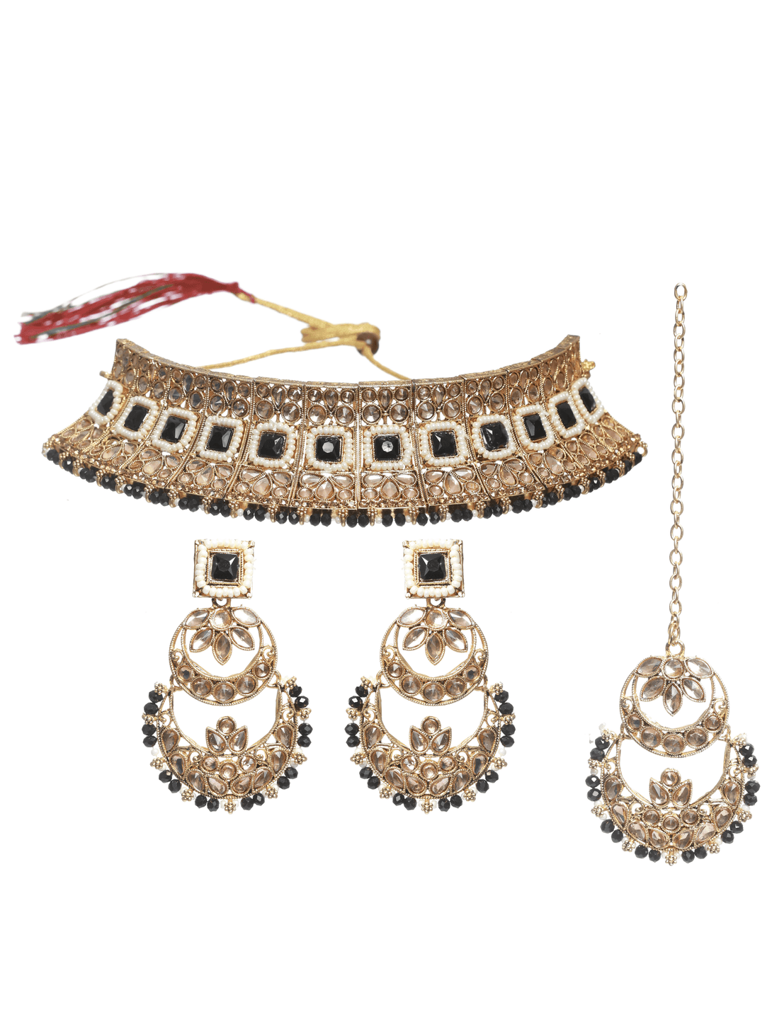 Women's Black Kundan Gold Plated Choker Set With Maangtikka - Jazz And Sizzle - Indiakreations