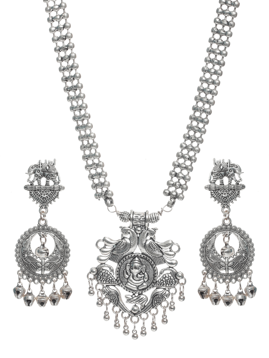 Women's Oxidised Silver-Plated Handcrafted Peacock Jewellery Set - Jazz And Sizzle - Indiakreations