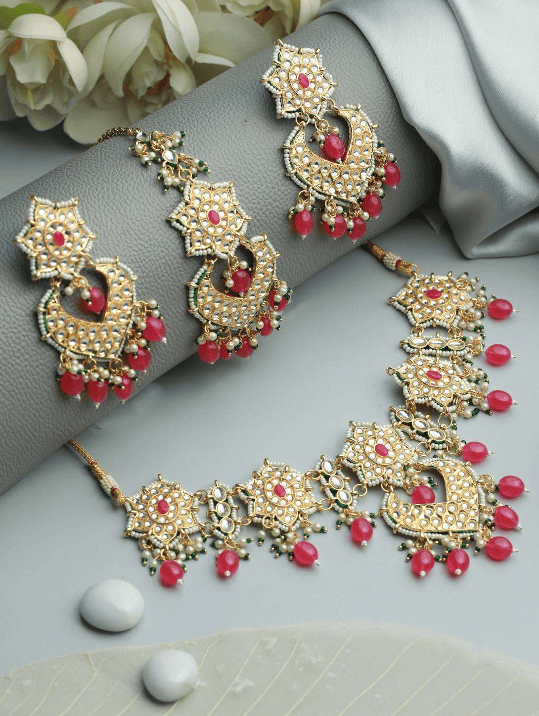 Women's Pink Gold-Plated Kundan-Studded Enamelled Beaded Jewellery Set - Jazz and Sizzle - Indiakreations