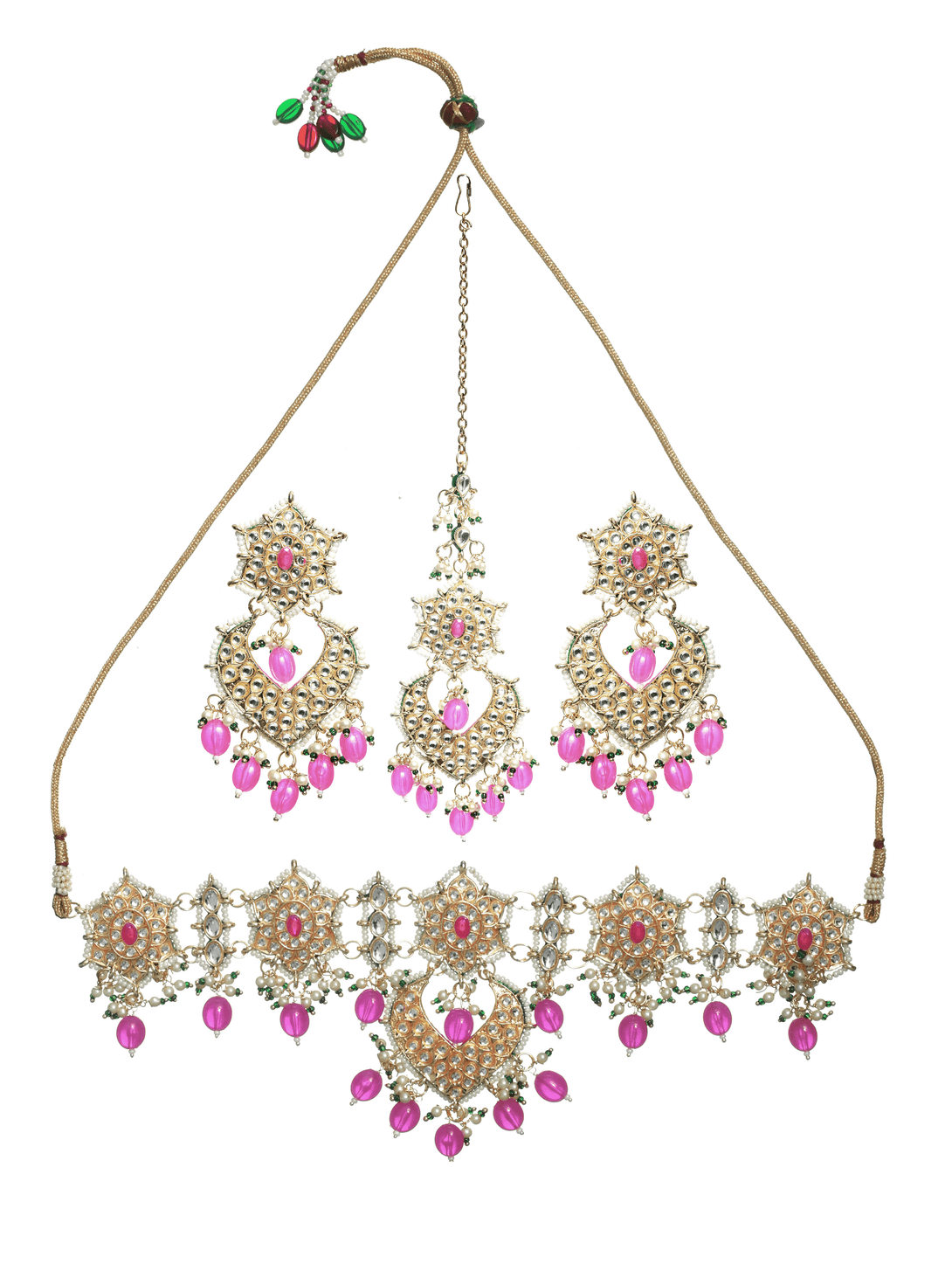 Women's Pink Gold-Plated Kundan-Studded Enamelled Beaded Jewellery Set - Jazz and Sizzle - Indiakreations