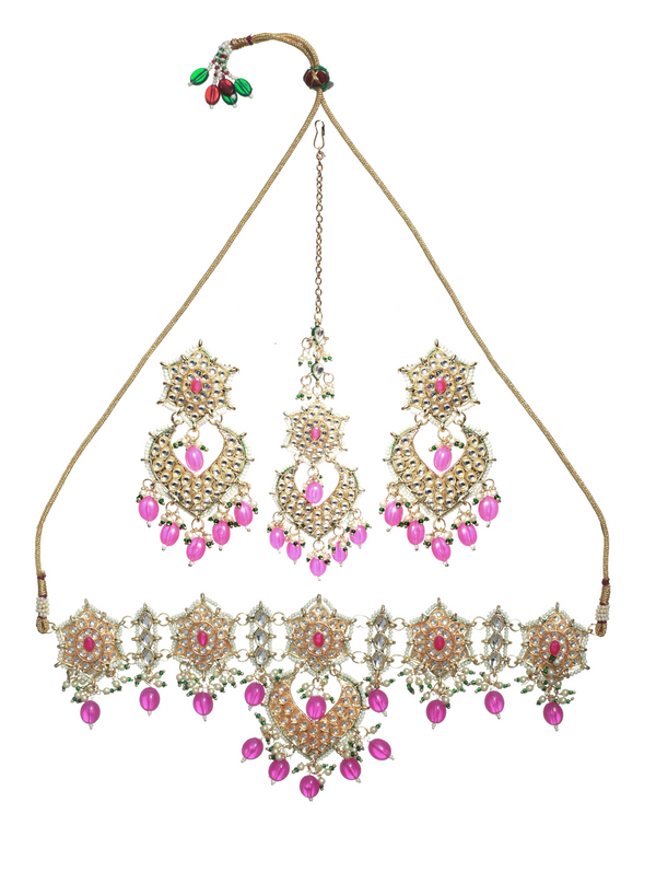 Women's Pink Gold-Plated Kundan-Studded Enamelled Beaded Jewellery Set - Jazz and Sizzle