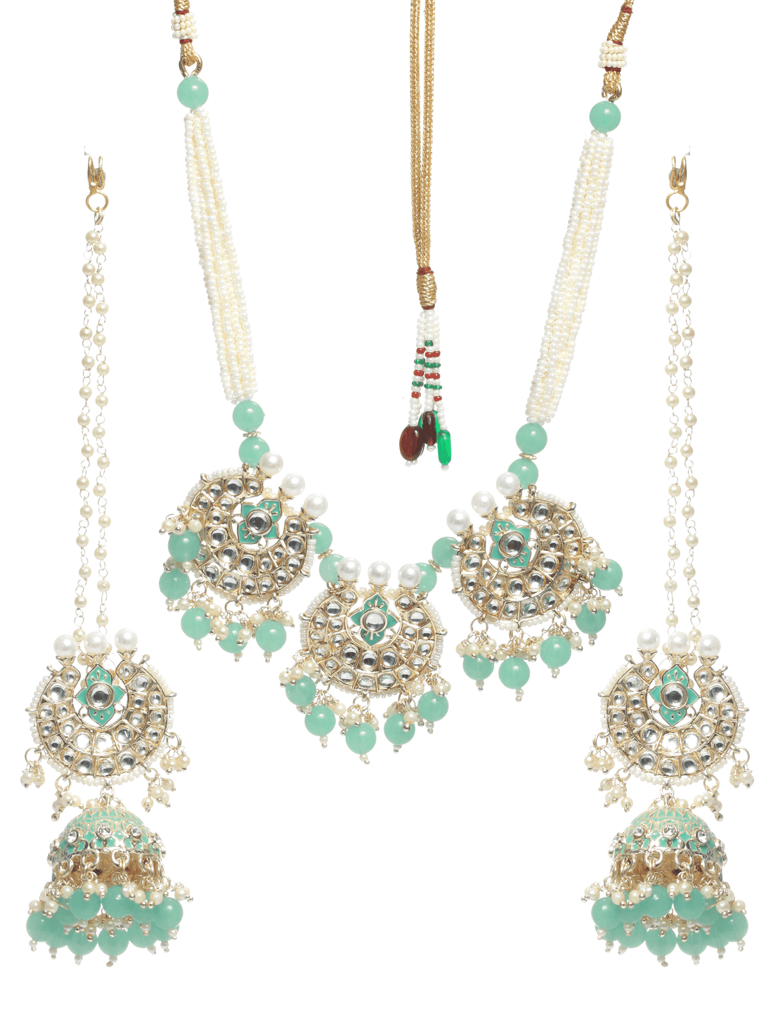 Women's Gold-Plated Sea Green & White Kundan Studded & Beaded Enamelled Handcrafted Jewellery Set - Jazz And Sizzle - Indiakreations