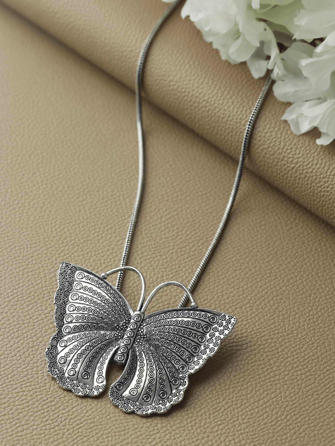 Women's Oxidised Silver-Plated Butterfly Shaped Pendant With Chain - Jazz And Sizzle - Indiakreations