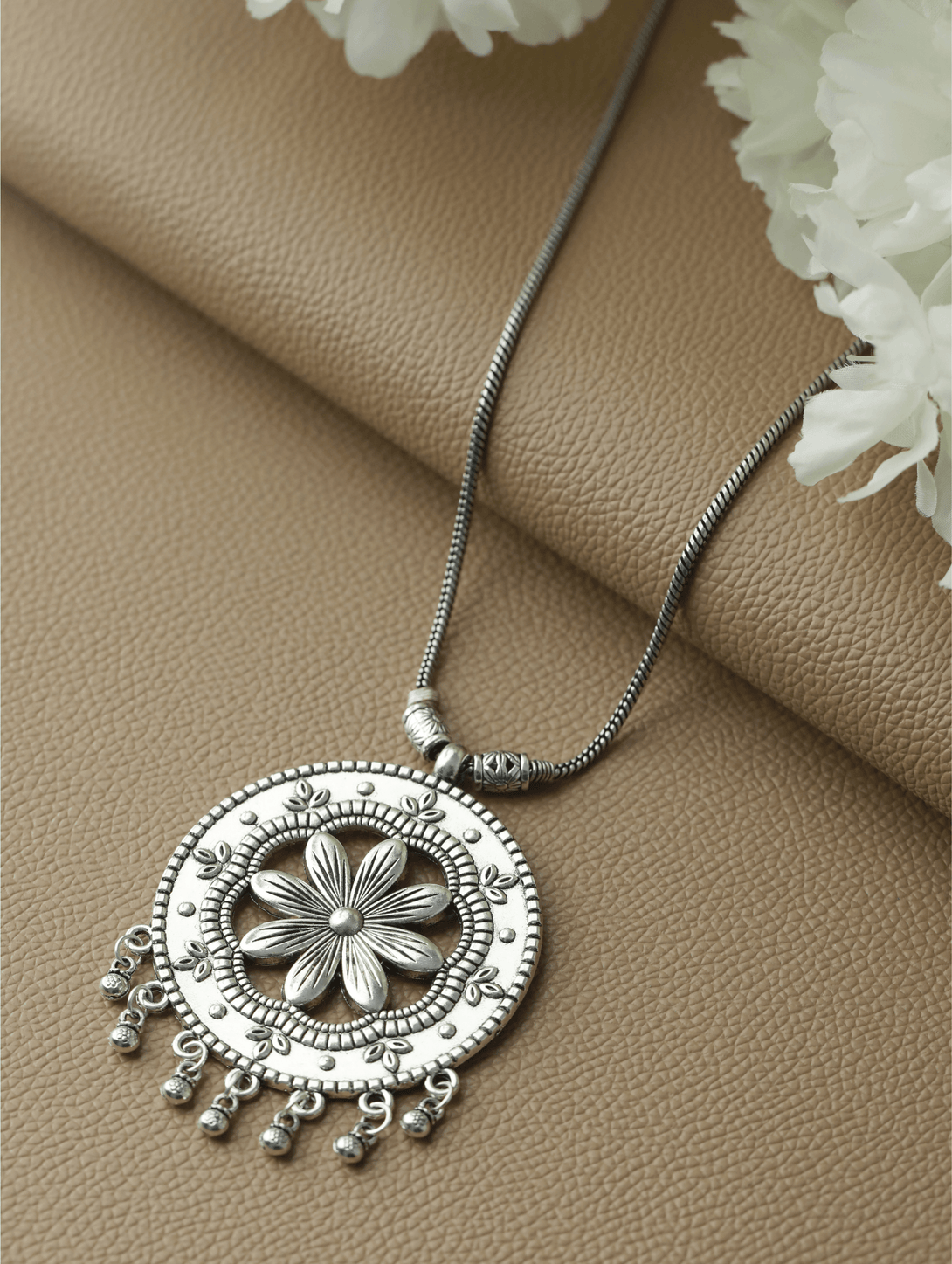 Women's Oxidised Silver-Plated Floral Motif,Circular Shaped Pendant With Chain - Jazz And Sizzle - Indiakreations