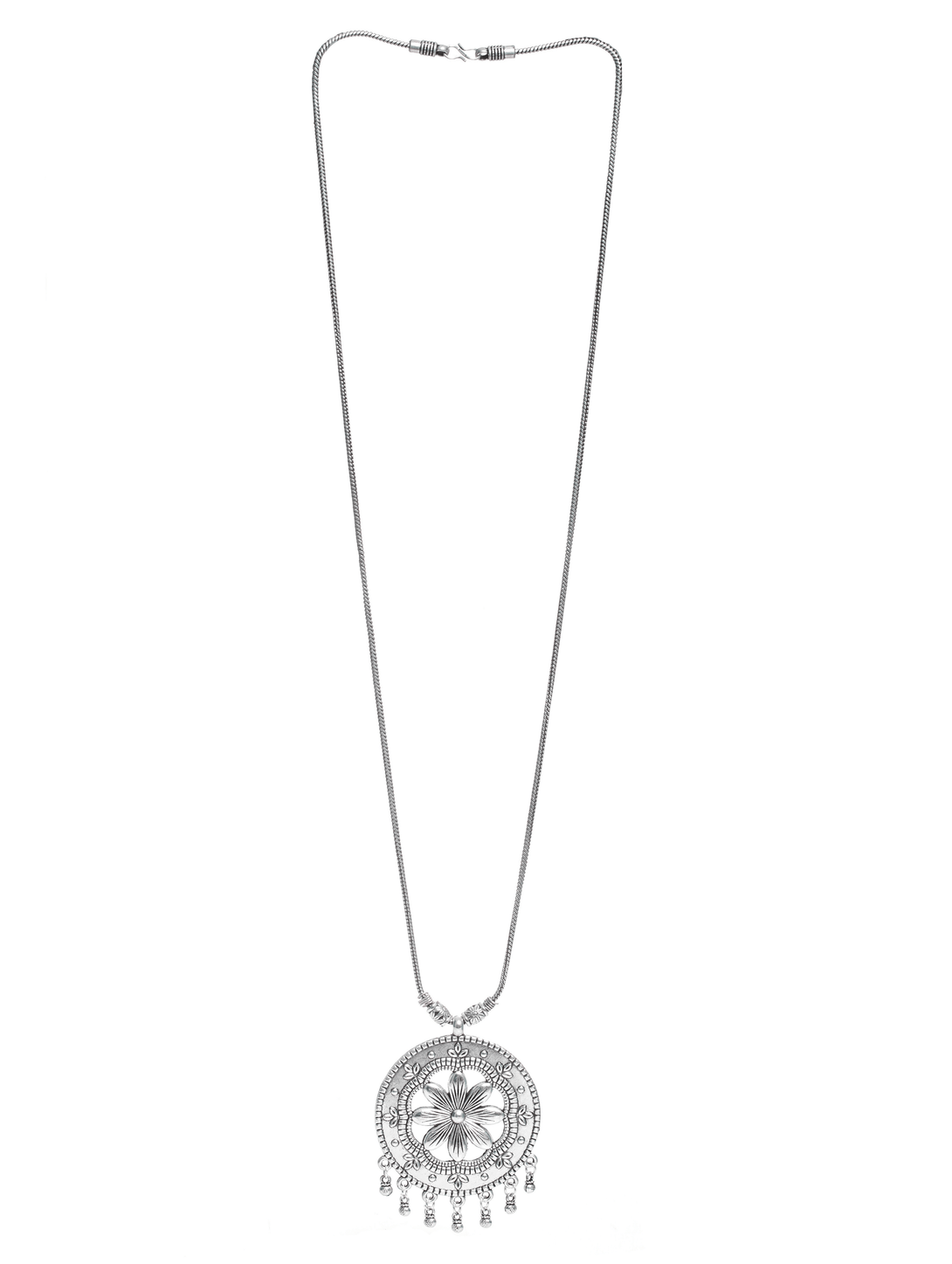 Women's Oxidised Silver-Plated Floral Motif,Circular Shaped Pendant With Chain - Jazz And Sizzle - Indiakreations