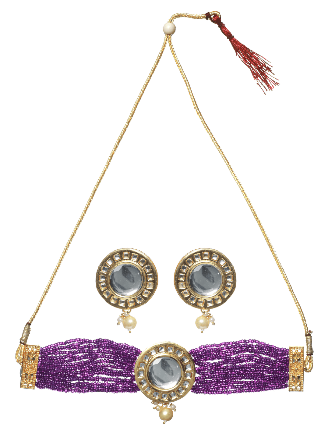 Women's Gold Plated Round Kundan Studded & Purple Beaded Handcrafted Choker Jewellery Set - Jazz And Sizzle - Indiakreations