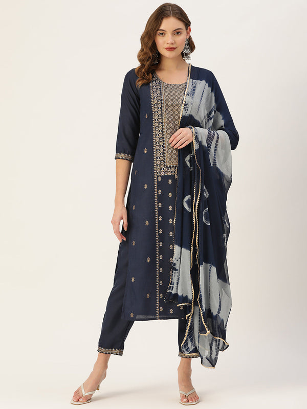 Women's Navy Cotton Blend Panelled Printed Straight Kurta Trouser Set With Dupatta - Vaaba